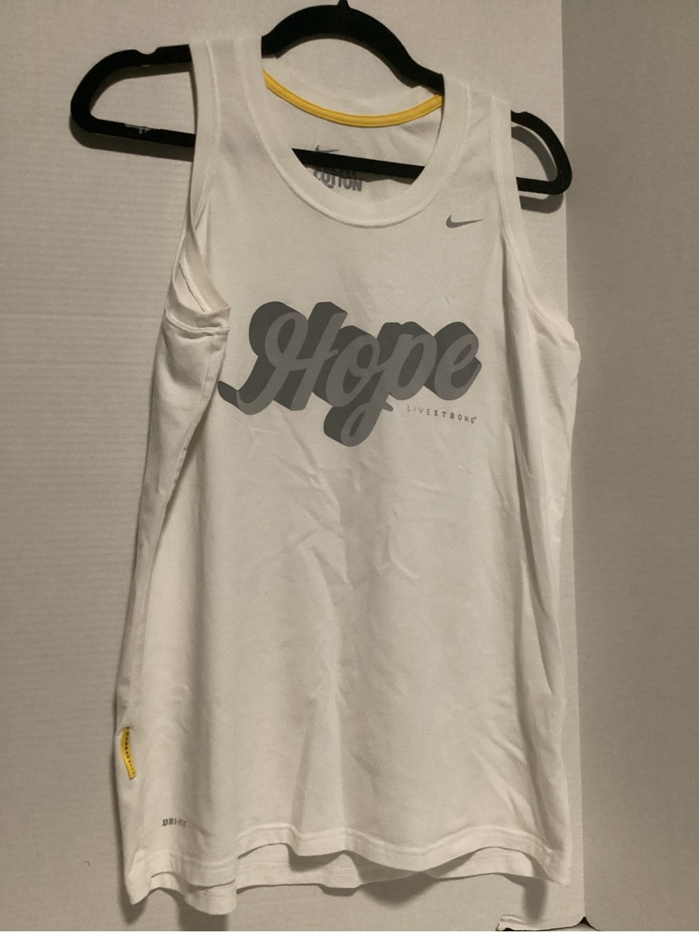 Nike White Tank Top with Gray 'Hope' Graphic and Yellow Trim XL
